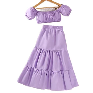 2022 Girls Summer Short Puff Sleeve Solid Color Off Shoulder Blouse Lace Ruffles Long Skirt Two Pieces Kids Clothes Outfits