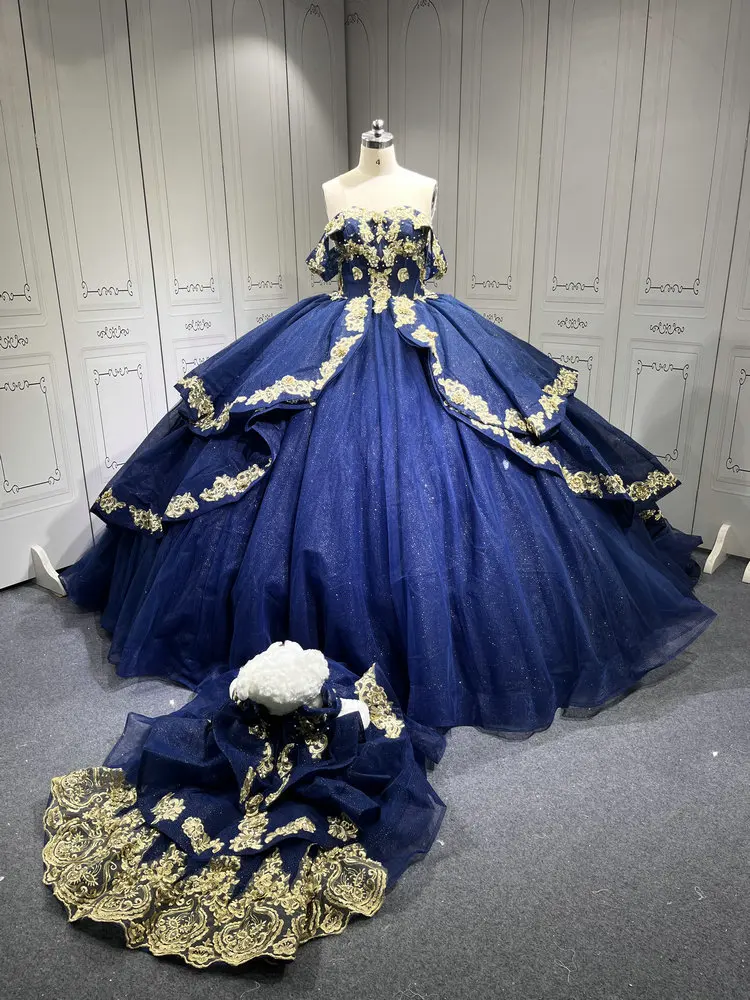 gold 50th anniversary dresses Navy Blue Quinceanera Dresses with Gold Appliqued Detachable Sleeves –  MyChicDress main image 0
