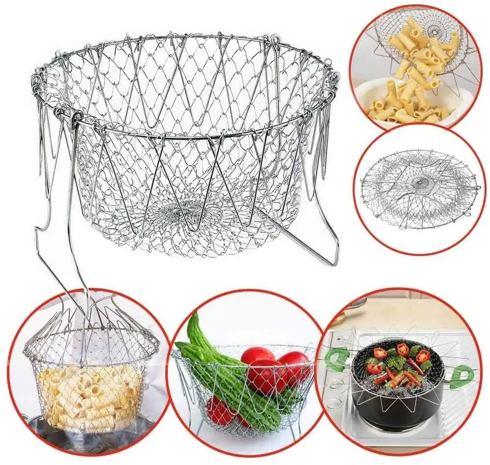 Stainless Steel Wire Mesh Basket Net Foldable Cooking Basket Colander ...