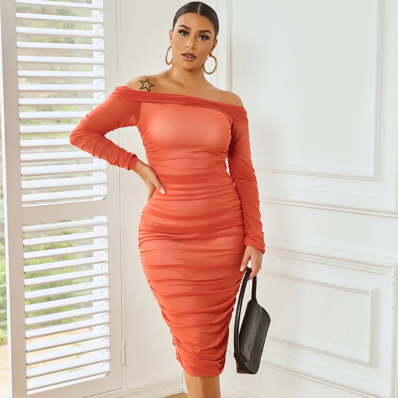 ZOYIAME New 2022 Spring Bodycon Dress Women Elegant Long Sleeve Club Dress Strapless Ruched Mesh Fall Bandage Dress for Ladies