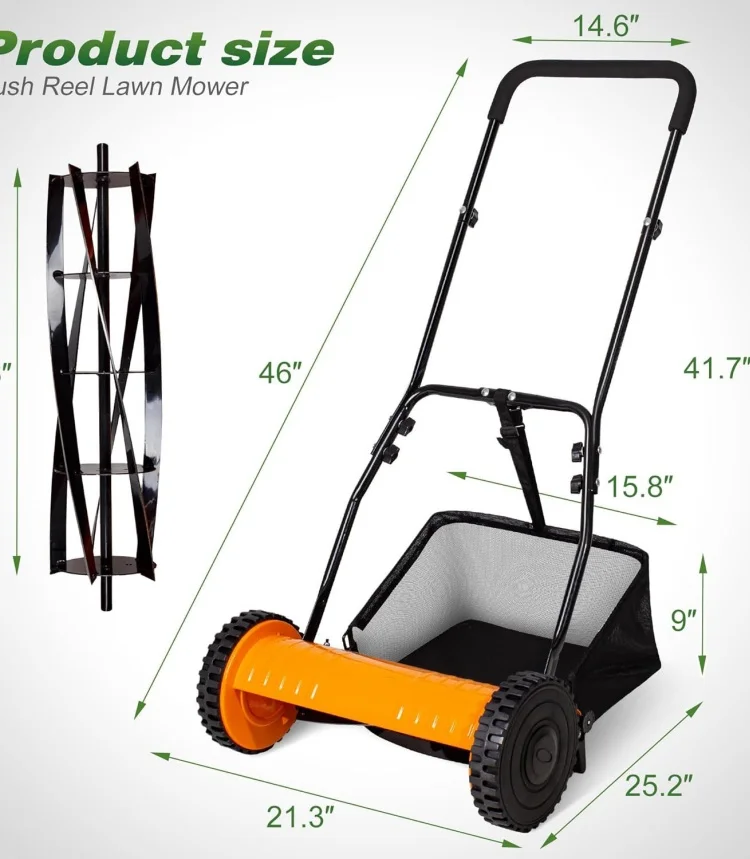 Gardening Tool Push Reel Walk-Behind Steel Lawn Mowers with Multiple-Blade 4-Position Cutting Height Adjustment