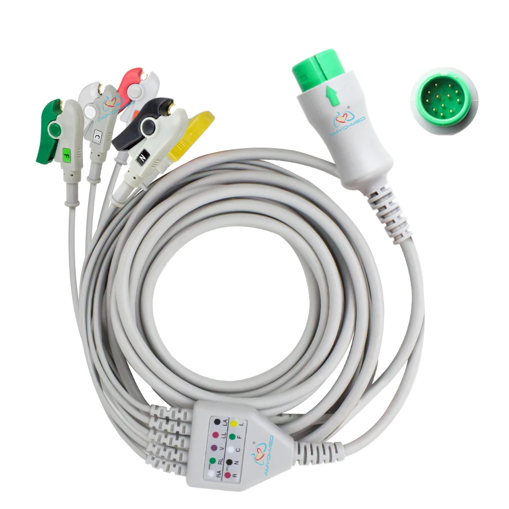 Compatible Ecg Medical Suppliers Cables Ekg Compatible With Mindray One-Piece 5-lead Clip Lead Wire 12 Pin Ecg Cable