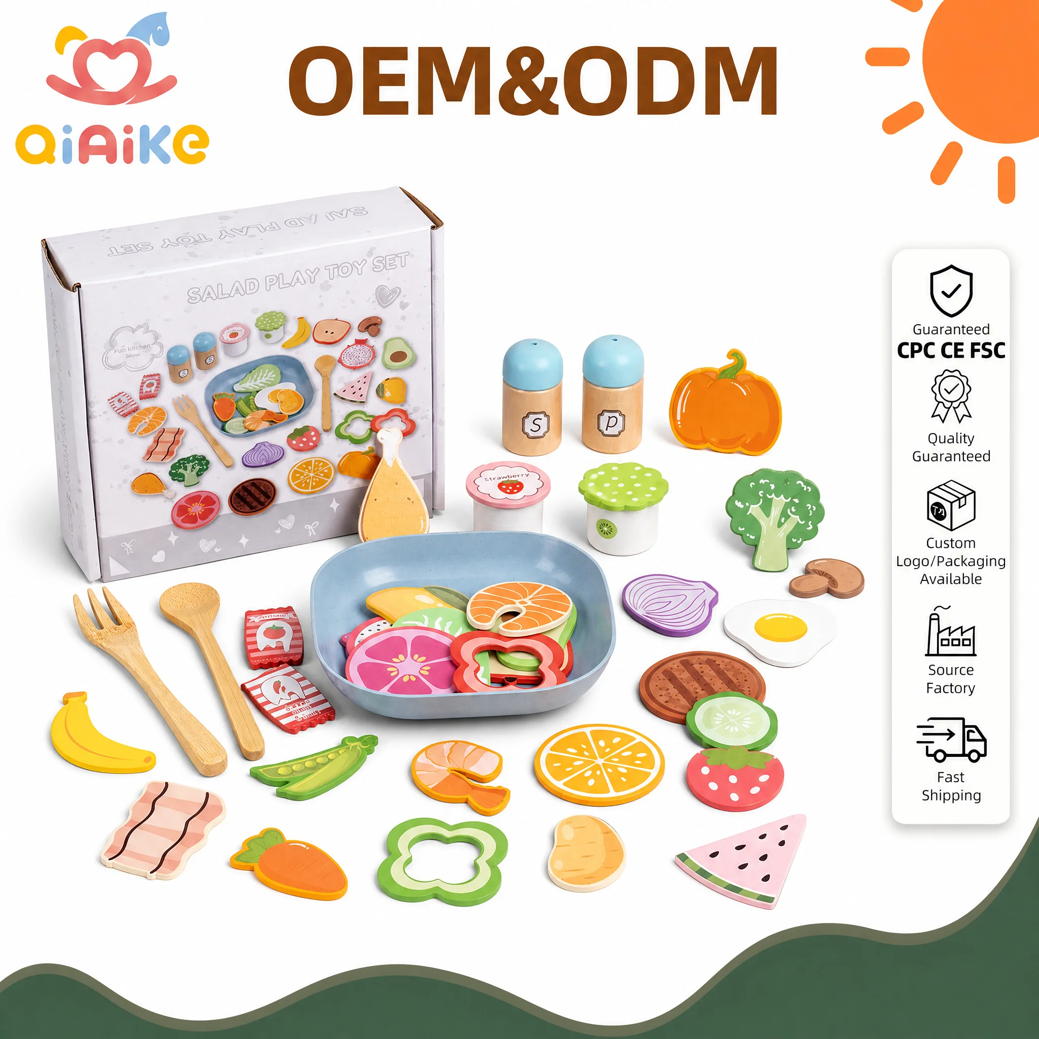 Vente en gros — Ensemble de nourriture en bois pour jeu de salade, 35 pièces, jouet pour jeu de cuisine imaginatif destiné aux enfants, fruits, légumes, repas, jouet Montessori, fabrication sur mesure (OEM/ODM)