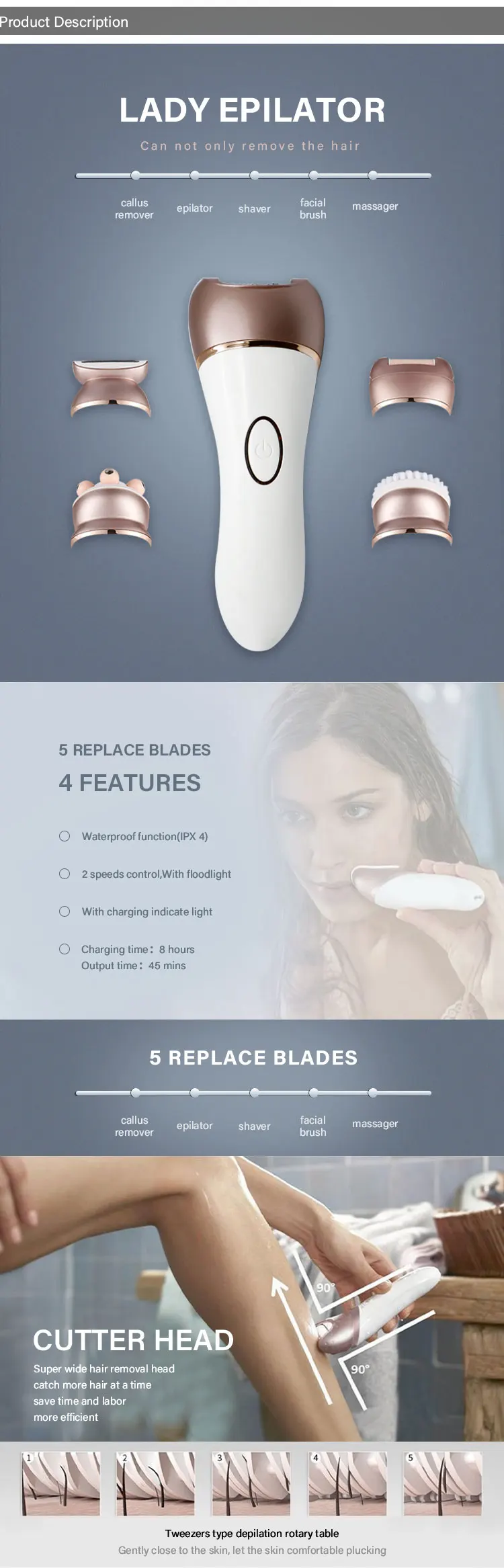 Women Portable Cordless Electric Epilator 5 Attachments For Legs