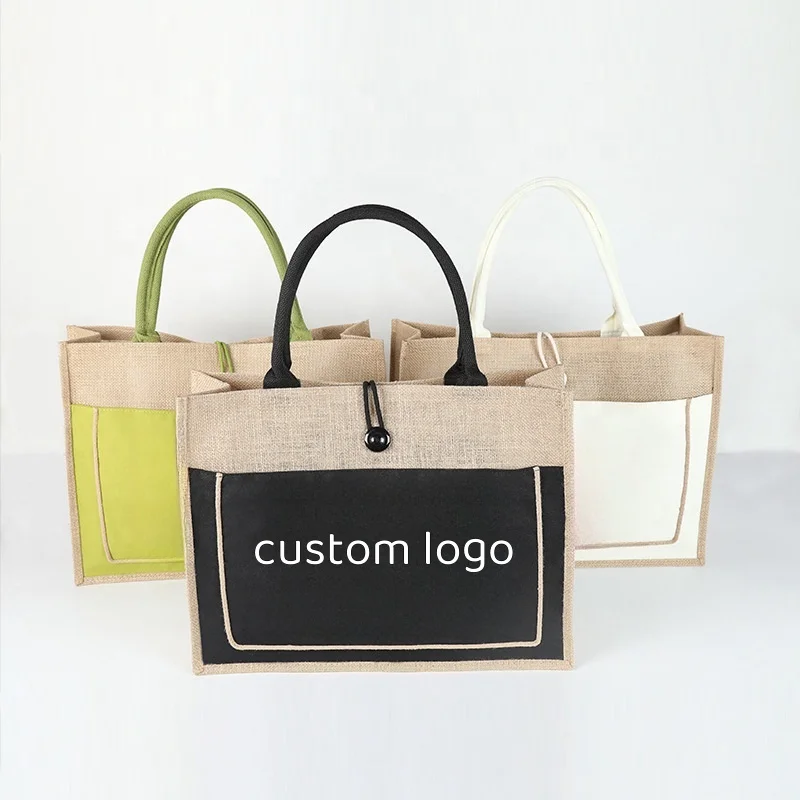 Custom Sublimation Printing logo Reusable Burlap Handbag Jute Portable Shopping Gift Bag Women Waterproof Linen Tote Bag