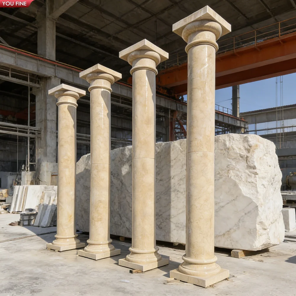 YOUFINE Beige Marble Roman Columns Hand Carved Decorative Pillars for Villa Hotel Building Projects