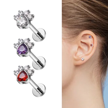 ASTM F136 Titanium Labret Lip Piercing 16G Dog Paw Earrings CZ Inlay Studs Tragus Cartilage Helix Conch Lobe Women Jewelry