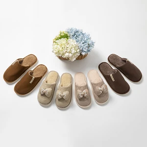 Couple's Plaid Indoor Winter for Slippers Open Fluffy Bowknot Design Soft PVC Outsole Comfortable Fabric Upper Closed Anti-Slip