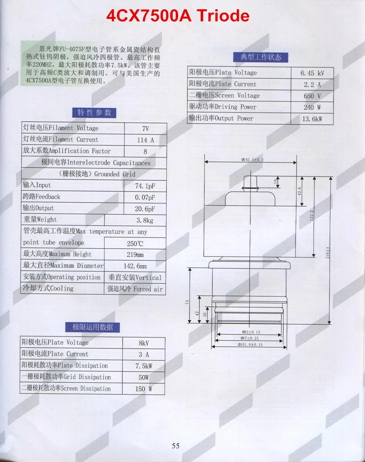 Durable High Frequency Electron Vacuum Tube 4CX7500A Power Grid Lamp 4CX7500A