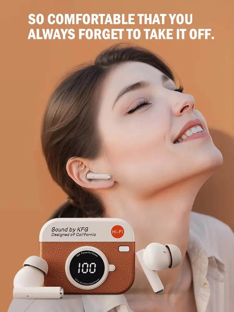 X73 Retro Camera Leather Grain Design Wireless Earbuds Semi-In-Ear Earphones With Screen Digital Display and Gaming Low Latency