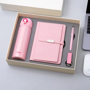 Wholesale Custom Logo Teachers' Day Gift Pu Leather Exquisite Gift Vacuum Water Bottle Flash Drive Notebook With Stationery Set