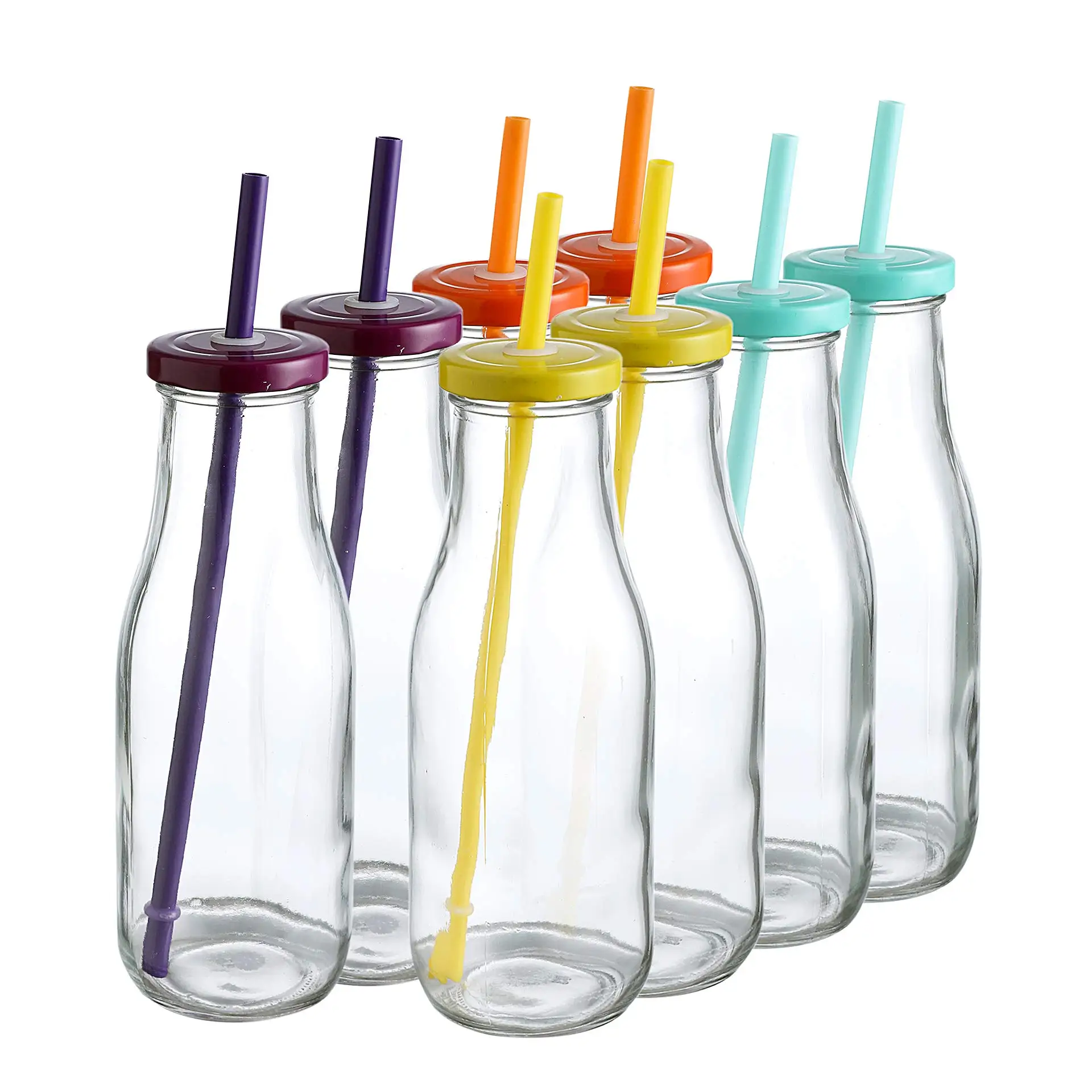 14 Oz Glass Milk Bottles with Colorful Metal Twist Lids and Straws Reusable for Milk Water and Juice
