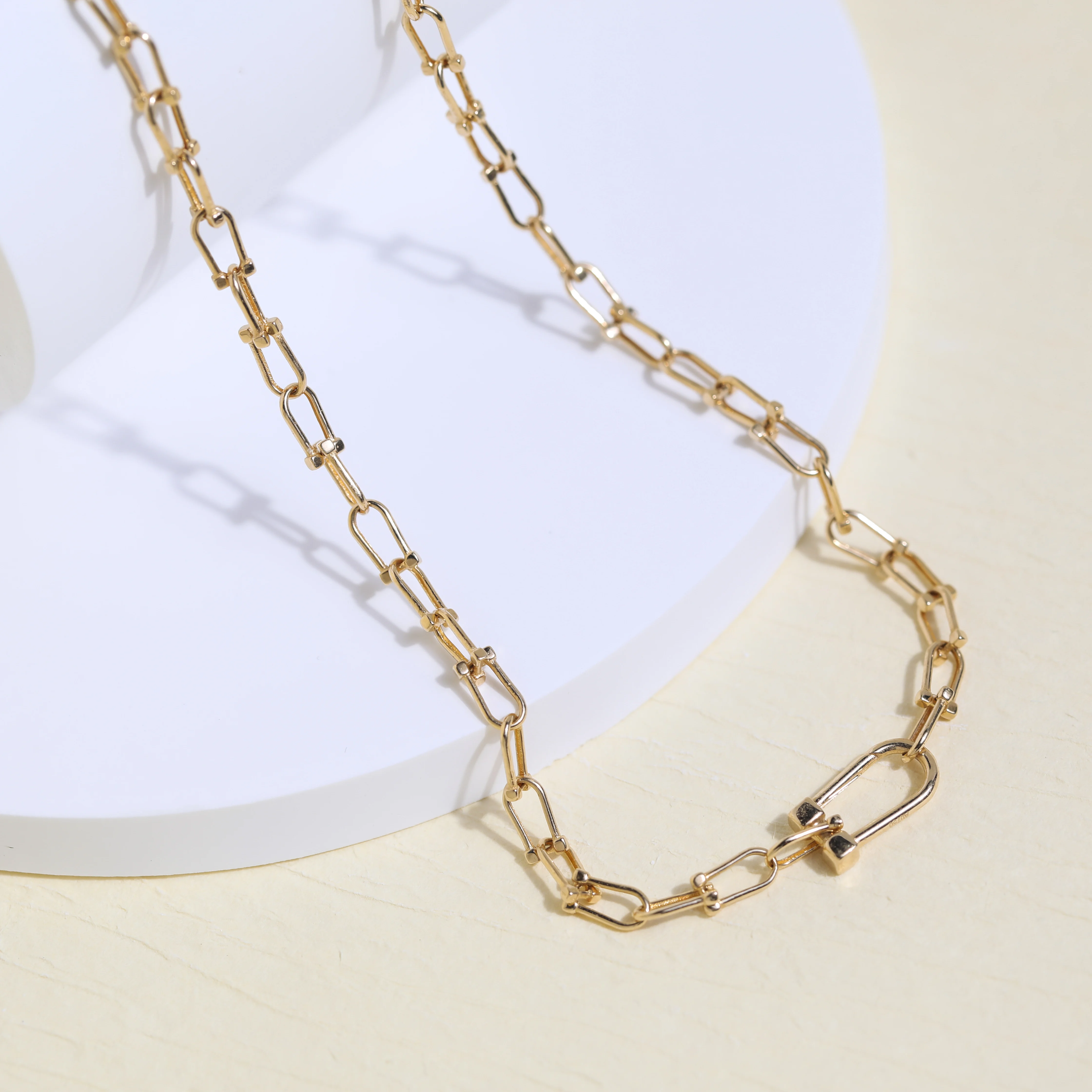Solid 18K Gold Round Flat Rectangle Chain Link Choker Necklace Women 18k Gold Paper Clip Ins Style Jewelry Link Chain Necklaces