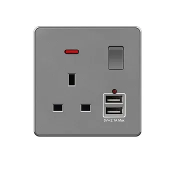 High quality UK standard Switched 13A socket with 2 USB port, grey frosted pc panel Electric Lighting Wall Switches sockets