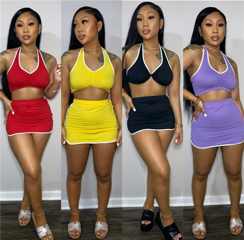 Women's Mini Skirt And Halter Crop Top Trending 2 Piece Outfit Sexy Club  Party Bodycon Skirt Dress Women Skirt Set - Buy Skirt Set,Womens 2 Piece  Sports Outfits Tracksuit Stitching Color Block