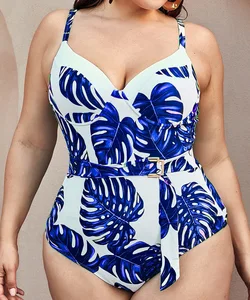 Good Quality Blue Leaf Print Belt Plus Size Swimwear Beachwear