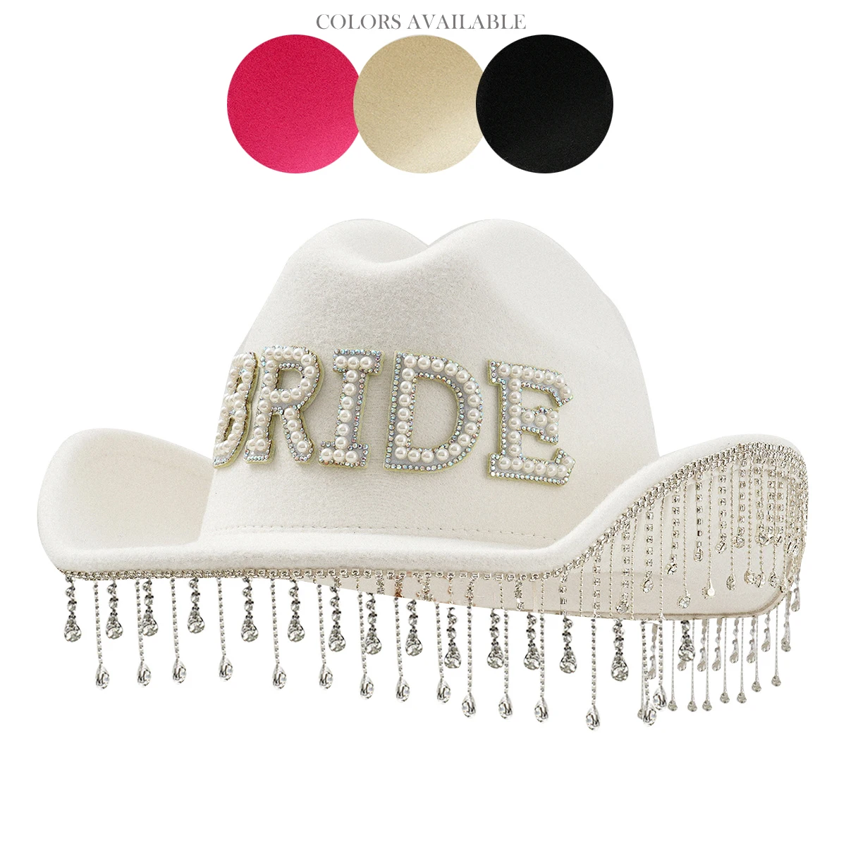1552 2 Pcs Bride Cowboy Cowgirl Hat With Rhinestone Tassels And Bride Sash, Sylet Bride Rhinestone Cowboy Hat, Bling Cowgirl Hat (White  main image 2