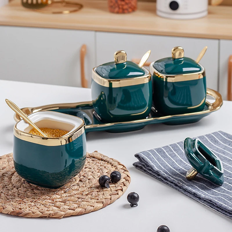 Ceramic Kitchen Storage Seasoning Box Set Porcelain Salt /Sugar Spice  Pepper Spice Jars Sets