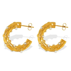 Trendy C-Shaped Geometric Stainless Steel Earrings Waterproof Rhinestone Pearl Dangle Jewelry Hoop Style