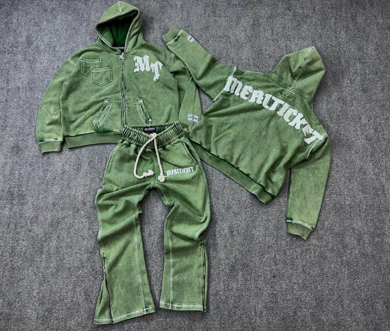 Salati OEM Custom Vintage Acid Wash Hoodie and Sweatpants Set Men's Streetwear Embroidered Patched Hoodie Set for Men gallery 5
