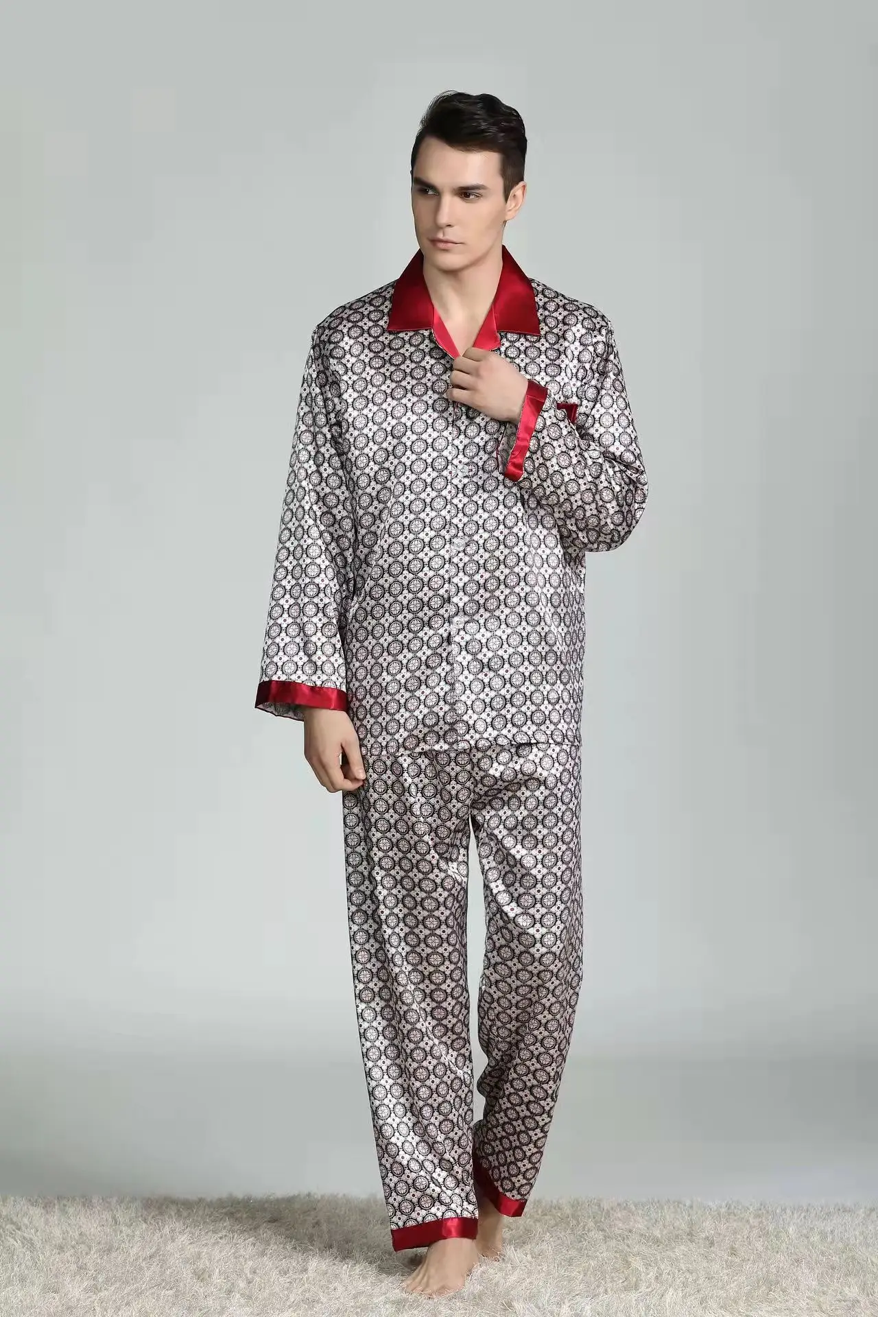 3xl-5xl Plus Size 150kg Graphics Silk Pajamas for Men Autumn