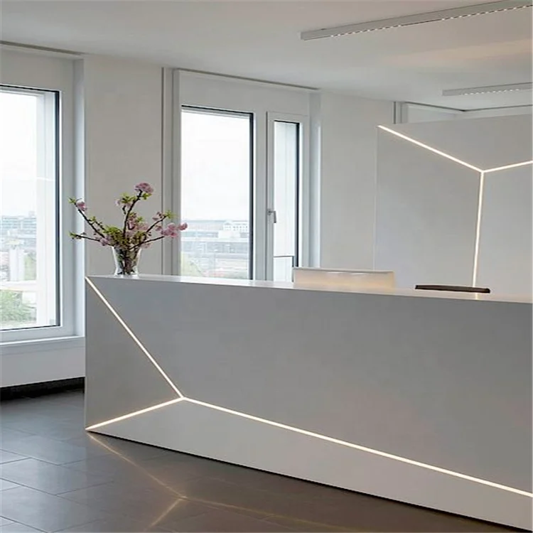 Corians Long Custom Made Office Front Reception Counter Acrylic Lighted Solid Surface Reception Desk Design