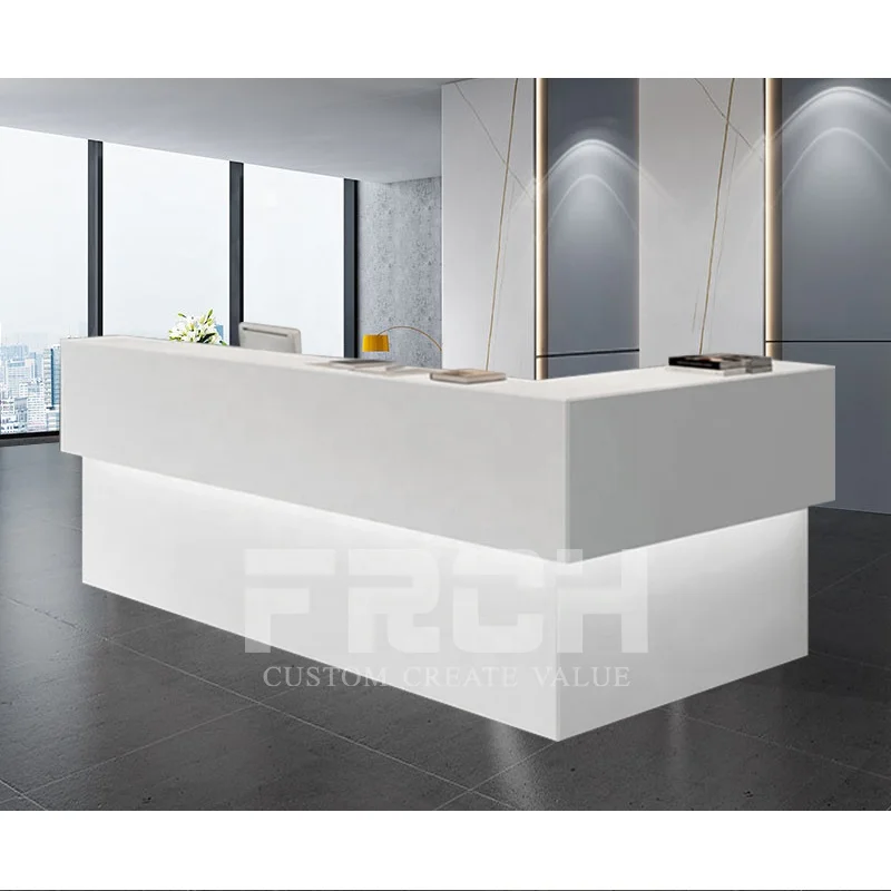 Custom L Shape Design Front Desk White Modern Led Salon Hotel Office Clinic Reception Table Counter