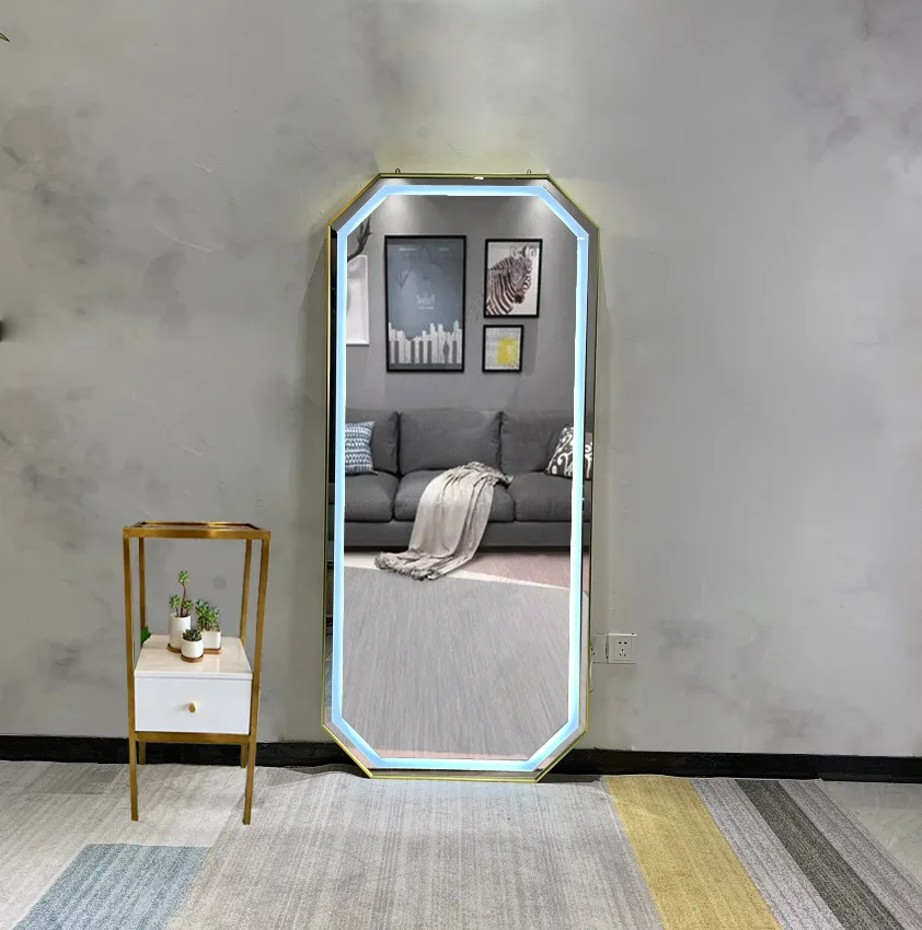 Modern Gold Large Rectangular Led Lighted Hairdressing Floor Salon Wall Mirror for Hair Salon Unit