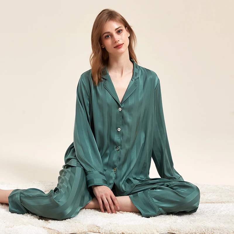 Source High Quality Simple Casual Ice Silk Satin Pajamas For Women  Long-Sleeved Loose Shirt Style Striped Jacquard Home Clothes Suit on  m.