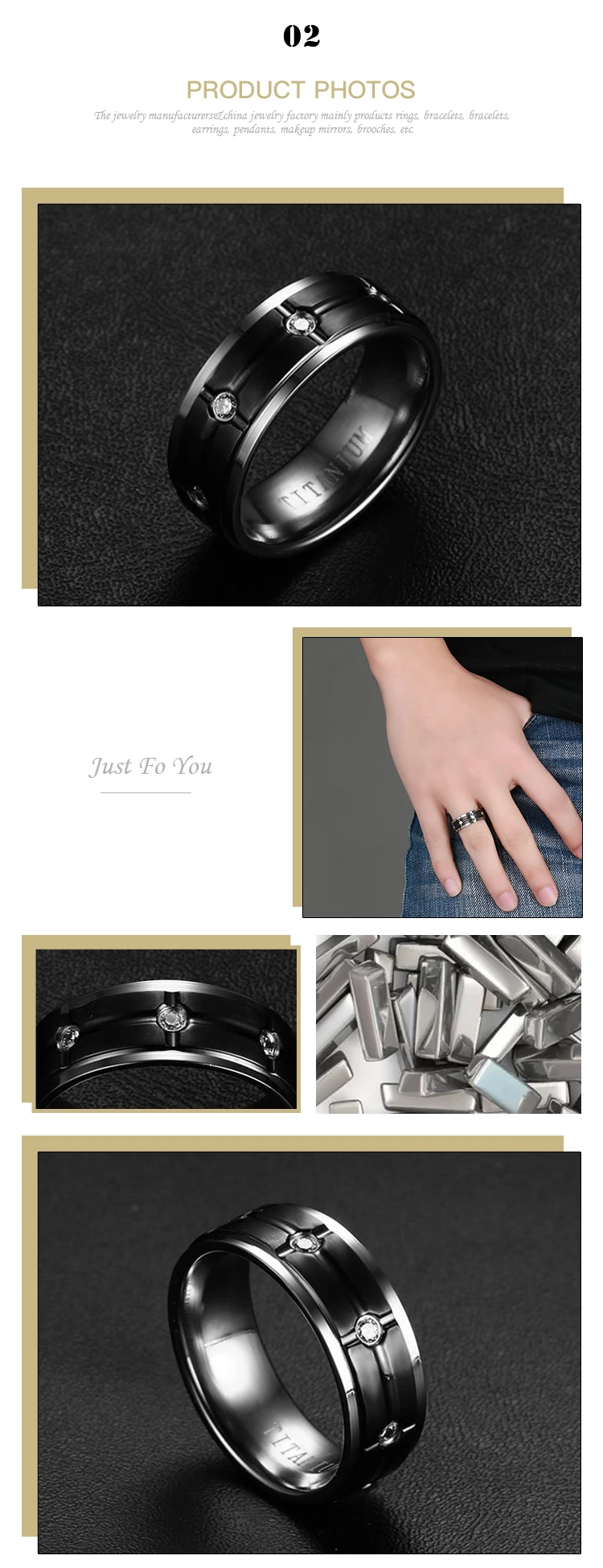 Supplier Wholesale Engravable Black Titanium Steel Men's Ring With Zircon TR-007