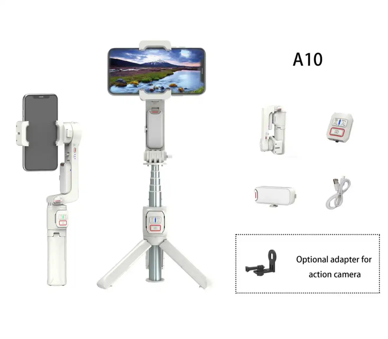 A10 Multifunctional  Smartphone Gimbal Stabilizer with Detachable Fill Light Retractable Wireless Selfie Stick and Tripod