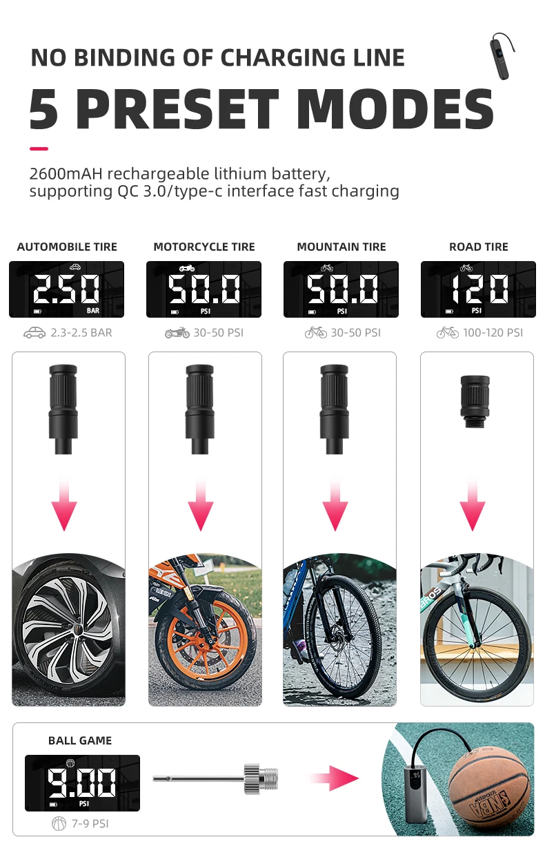 ROCKBROS 100PSI Portable Electric Bike Tire Pump, Mini Air Pump With Presta & Schrader Valve - View #2