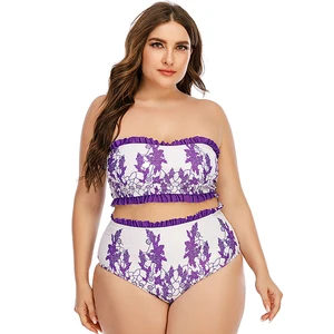 Plus Size Women Bandeau Two Piece Bikini Floral Xxxxxl Swimsuits High Waisted Bottom Bathing Suit Push up Padded Swimwear
