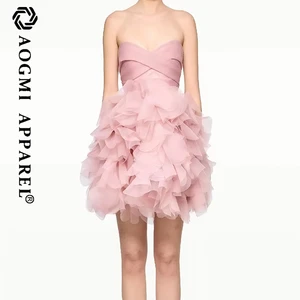 Haute Couture Luxury Ladies A-Line Organza Eco-Friendly Anti-Wrinkle off the Shoulder Floral Sleeveless Solid Color Ruffle Dress