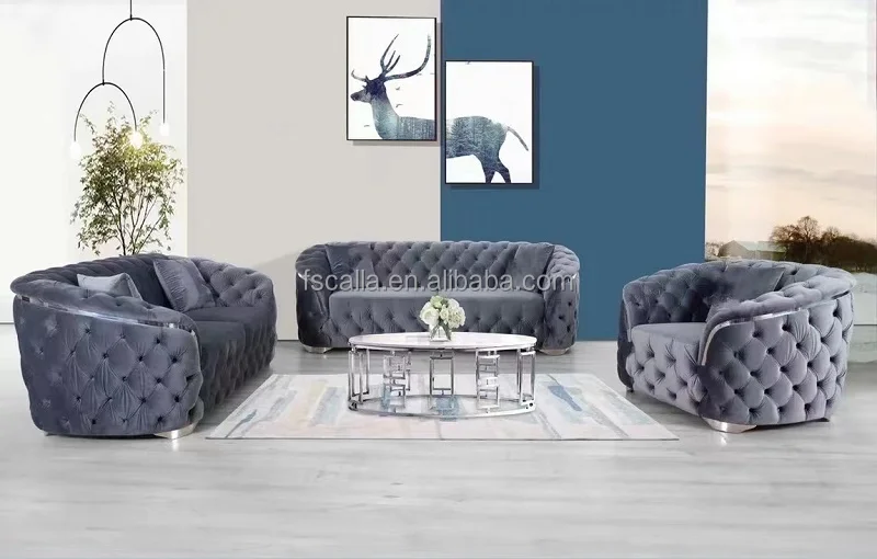 Luxury High End Velvet Chesterfield Lounge Sofa Modern New Design 3 Seat Large Velvet Sectional