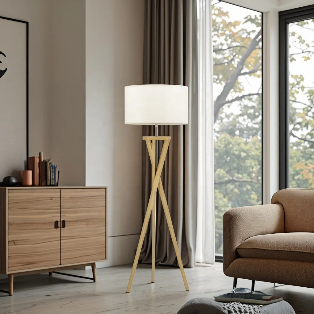 Luxury Modern Style Home Decor Bamboo Floor Lamp with Fabric Shade Bedroom and Living Room Corner Standing Decorative Lighting