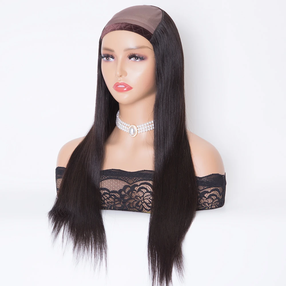 18 inch natural black color machine weft U-part Hat wig