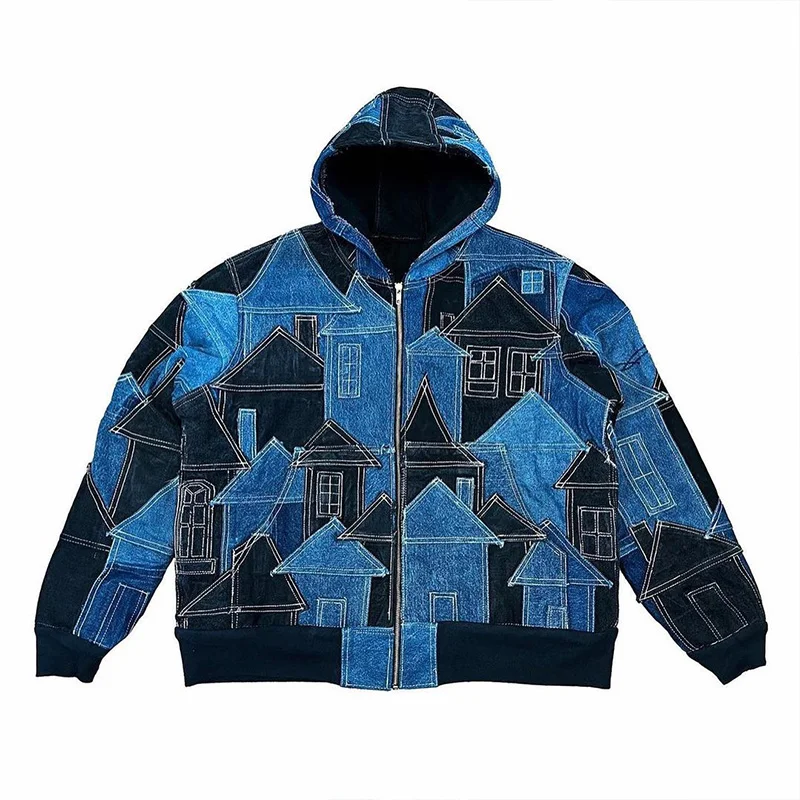 DiZNEW Manufacturer Custom Wholesale Black and Blue Fabric Patchwork House Pattern Plus Size Hoodie Jacket With Zipper For Men