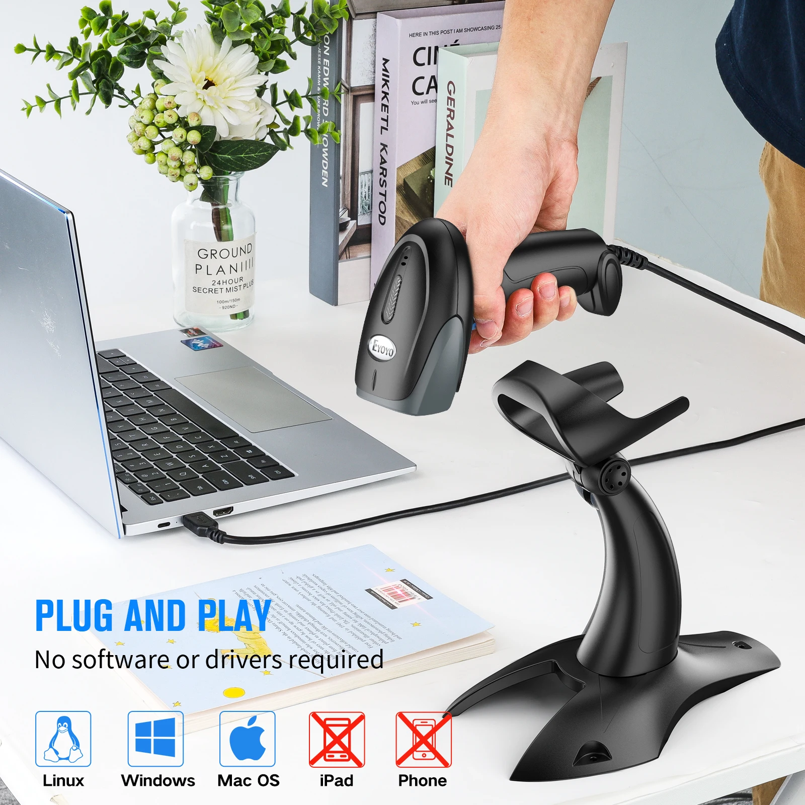Eyoyo USB Laser 1D Barcode Scanner Wired Handheld Bar Code Scanner Reader Lector De Codigo De Barras Warehouse Inventory Plug & Play Fast & Precise 2M Ultra Long Cable for Library Book 