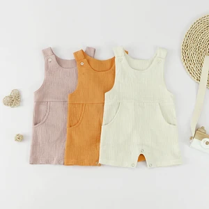 Soft Cotton Newborn/Infant Sleeveless Overalls-Style Textured Cotton Patch Pocket Snap Rompers for Summer Daily