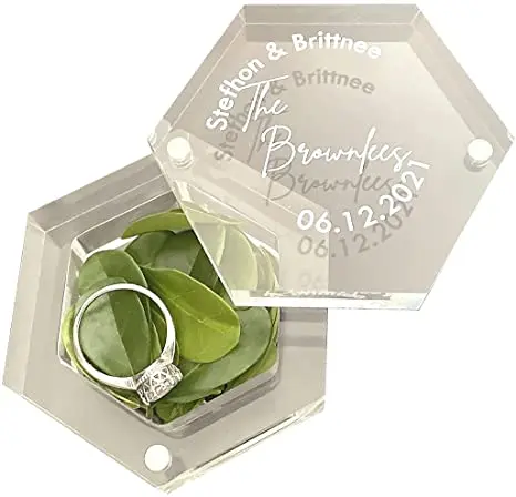 TOYIN HOT SALE Custom Multiple Logo Transparent Acrylic Hexagon Box  for Wedding Rings with Magnet Plexiglass Ring Box