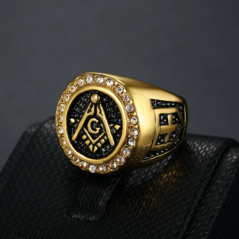 Customized Stainless Steel Men's Masonic Ag Diamond Gold Ring Retro 