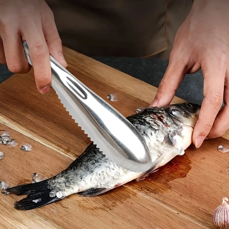 Rust-Proof Fish Skin Scraper Kitchen Fish Scale Remover Cleaning Tool Non-Slip Dual Serrated Stainless Steel Fish Scaler