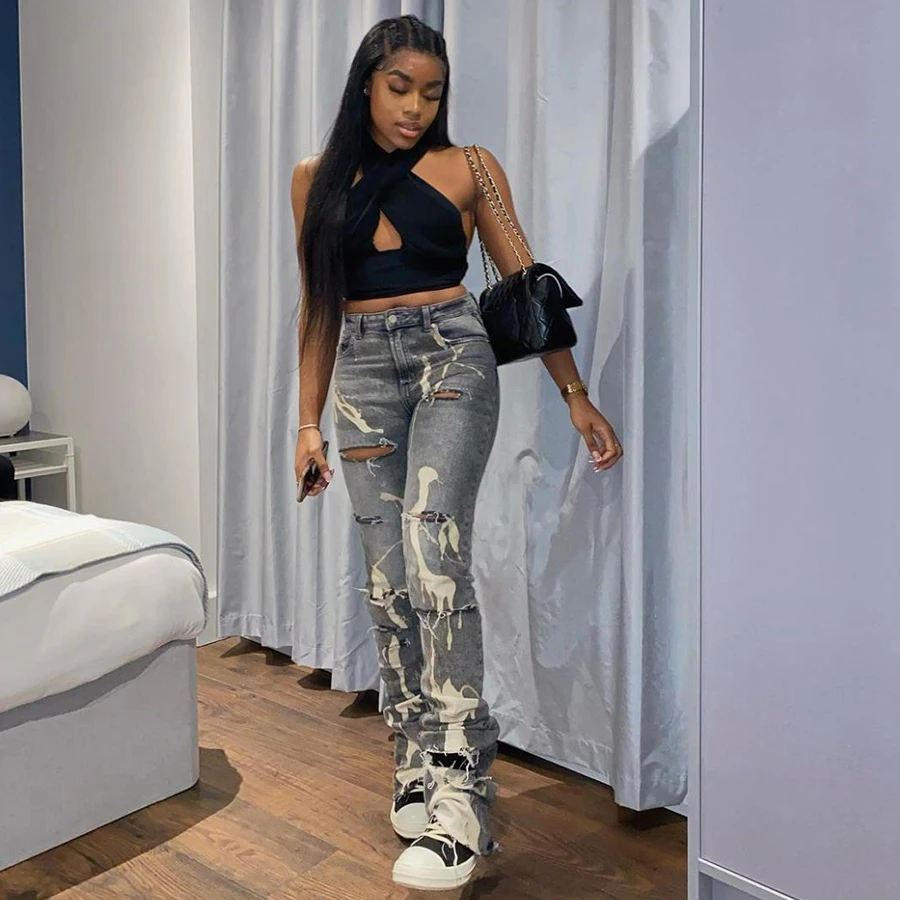 2021 Spring Print Hole High Waist 