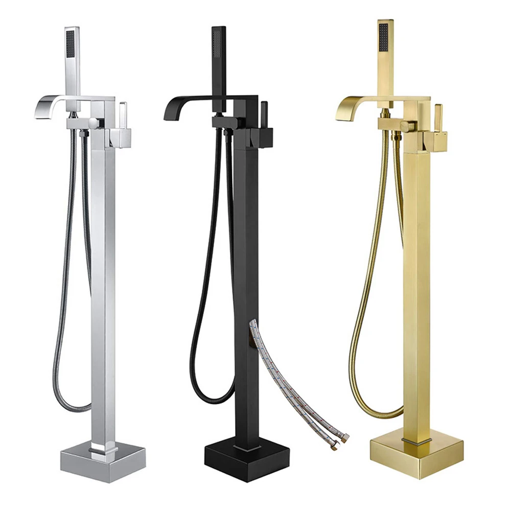Waterfall Tub Filler Freestanding Bathtub Faucet Black Floor Mount