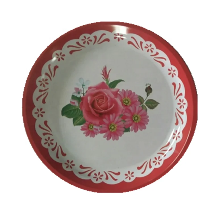High Quality Tableware Iron Metal Printed Flower Round Tray Dinner Plate