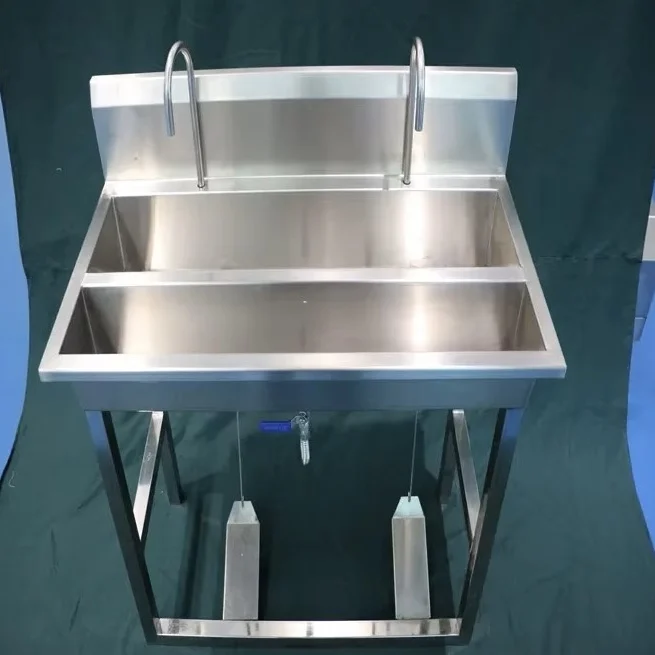 Industrial stainless steel hand basin with foot pedal operation control for slaughterhouses, food processing