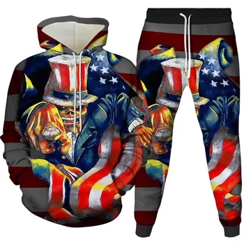 cross-border foreign trade spring and autumn 3D printing European and American skull pullover hooded sweatshirt two-piece s
