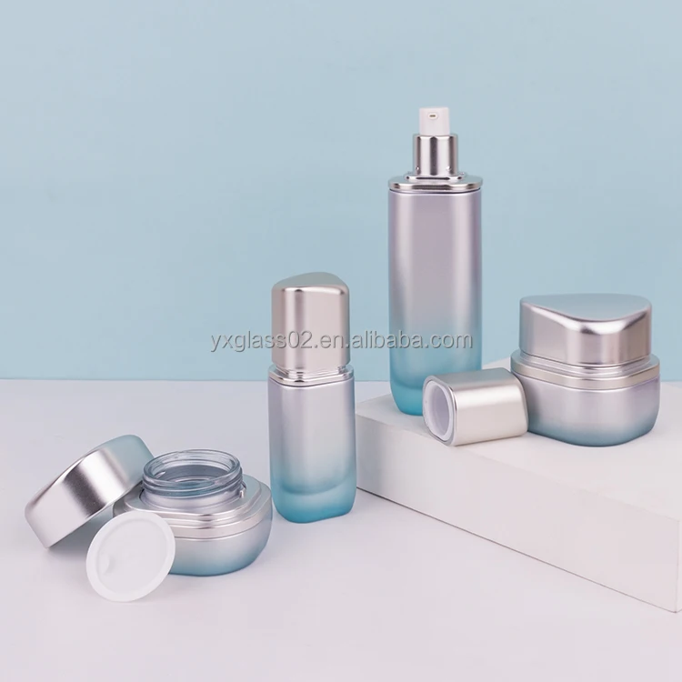 Recyclable Cosmetic glass bottle set irregular shape special design skincare cosmetic packaging bottle with matt spray pump cap manufacture