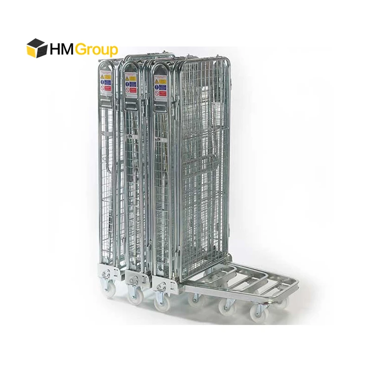A Frame Metal 3 Side Warehouse Transport Cargo Foldable Nestable Roll Cage Trolley